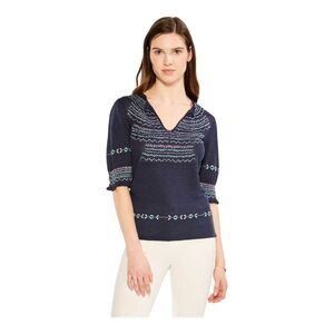 NEW Nic+Zoe Intarsia Stitches X-Large Sweater Indigo Blue Semi Sheer Embroidery